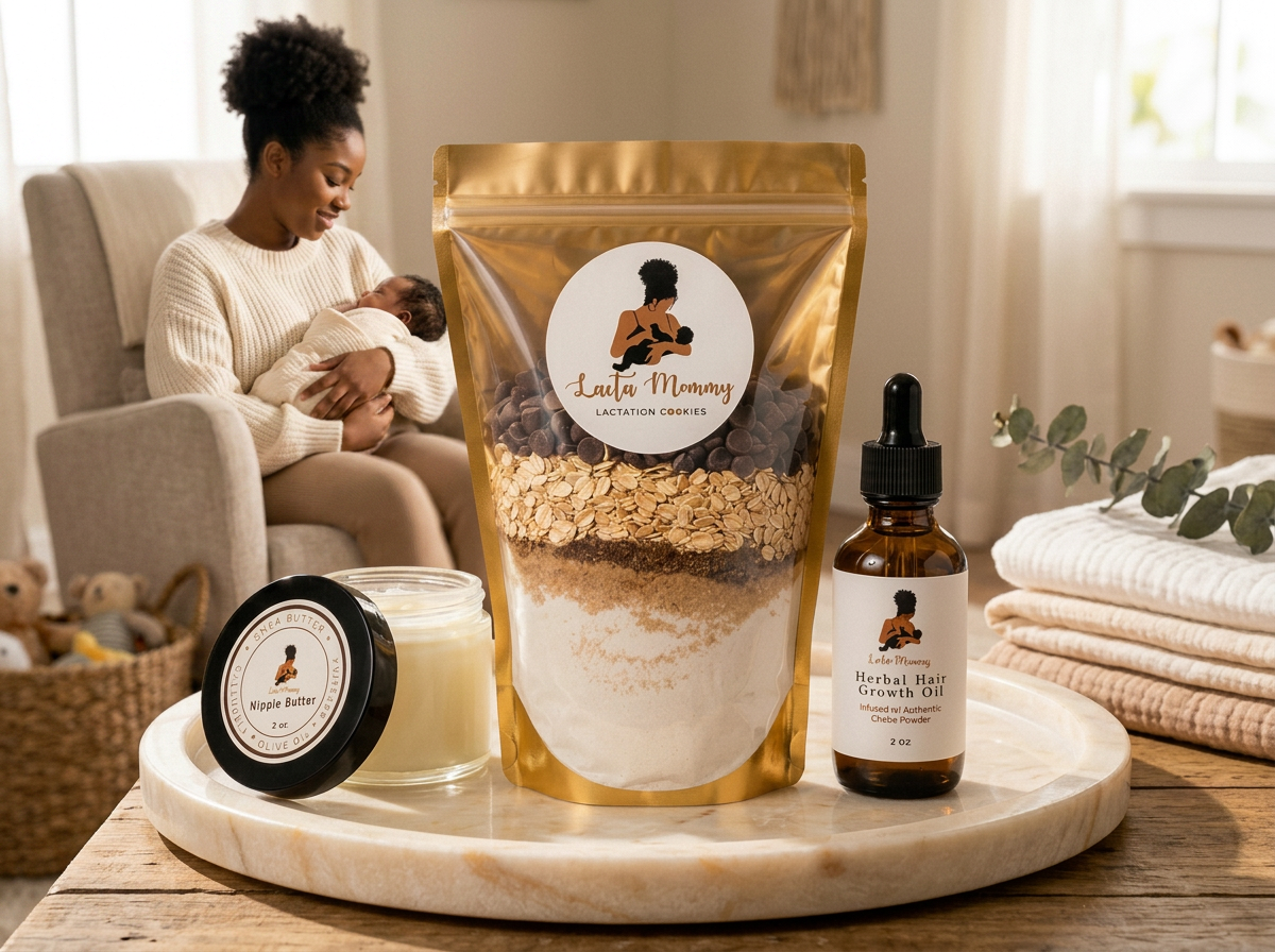 A Lacta Mommy ambassador holding her baby in a nursery with the Lacta Mommy Nipple Butter, Lactation Cookies, and Herbal Hair Growth Oil