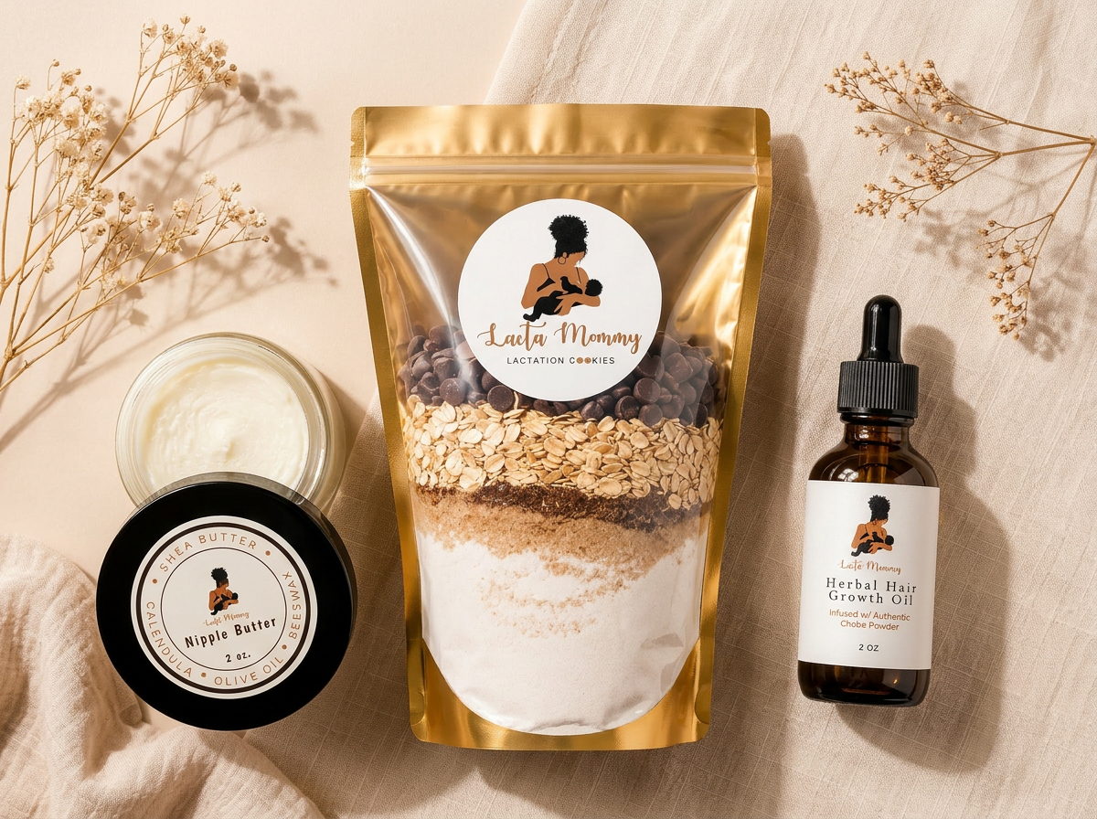 Lacta Mommy postpartum essentials trio — lactation cookie mix, herbal hair growth oil, and shea nipple butter