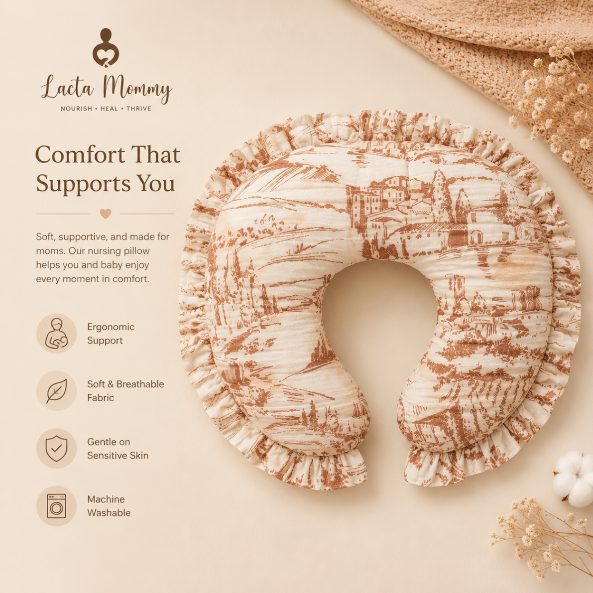 Lacta Mommy nursing support pillow in warm toile print